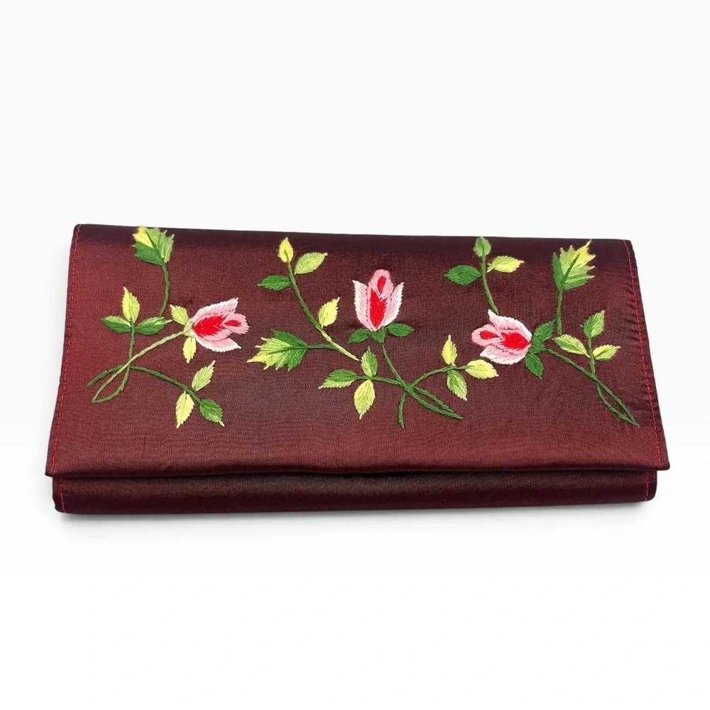 Vintage Style Floral Embroidered Burgundy Satin Clutch Evening Bag Pink Roses